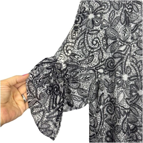 Coldwater Creek Floral Button Up Shirt 2x Chiffon Topper Black Roll Tab Sleeves - Picture 4 of 9